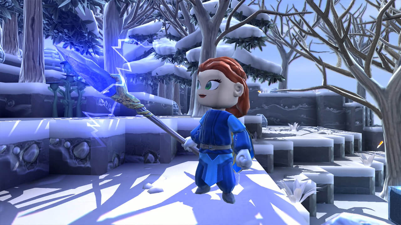 Portal Knights character stood in snow holding a glowing stick